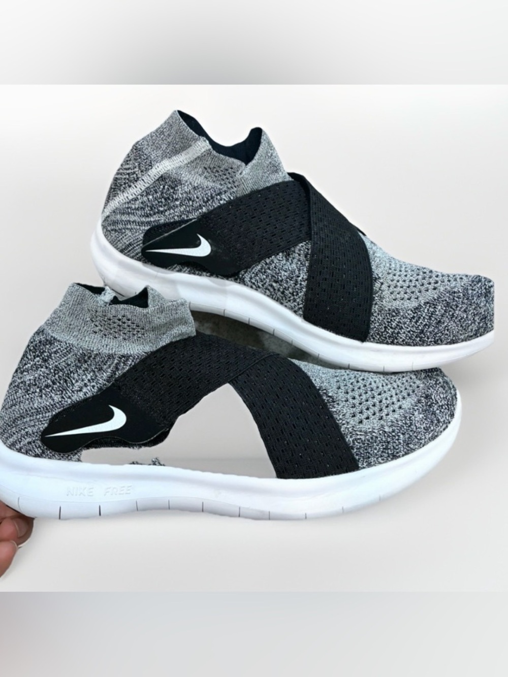 Nike Grey Knit Slip-On Sneakers with Black Cross Straps